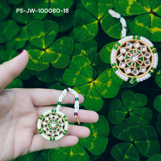 Green Maangtikka with Red and White Stones in Circular Design - Timeless Beauty