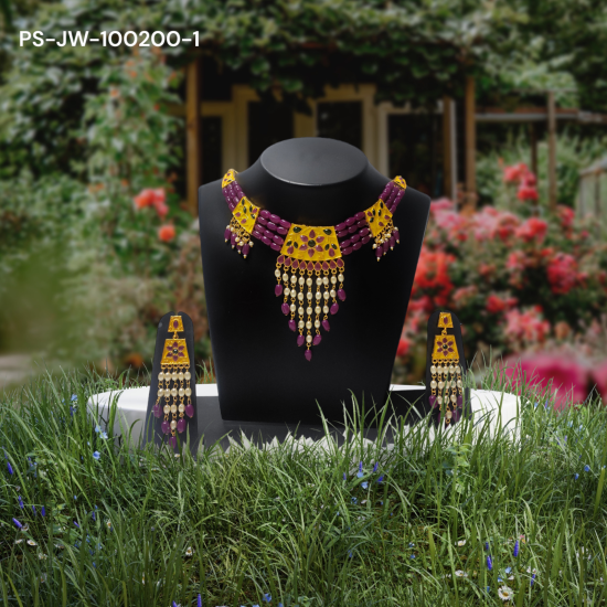 Exquisite Kundan Necklace & Earrings Set | Dark Magenta, Yellow, & White Bead Accents | Elevate Your Style with Paridhan Street
